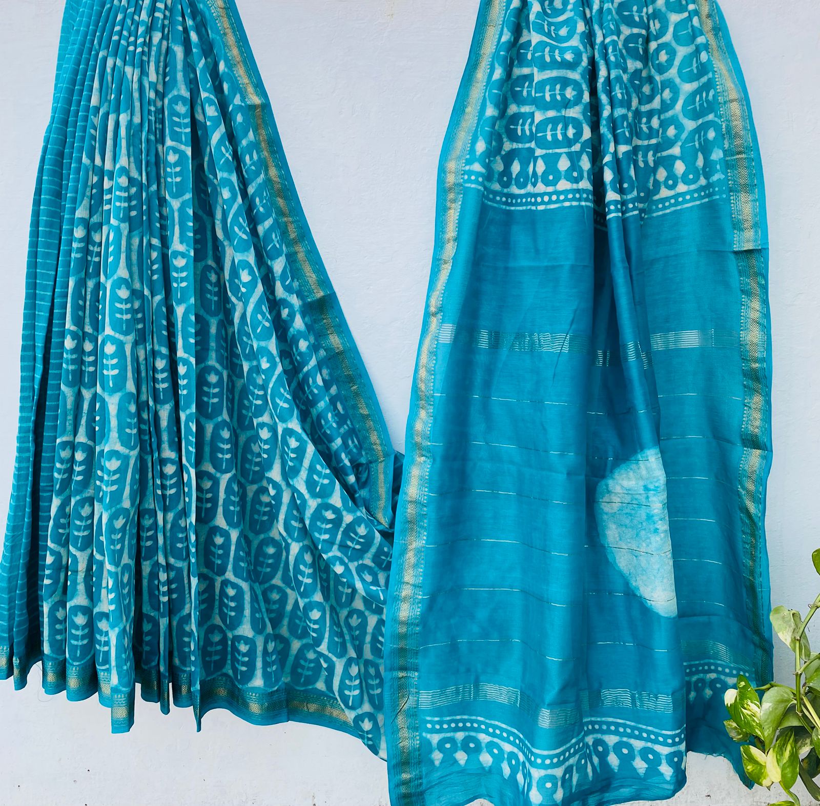 Maheshwari silk saree wholesale, hand block printed turquoise, pure silk saree by Fabtexs
